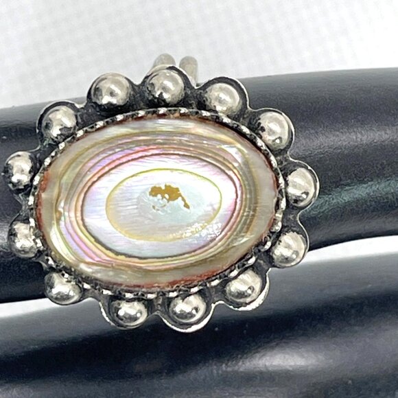 Iridescent Abalone Shell Silver-Tone Metal Adjustable Band Ring Size 6.25 VTG - Picture 6 of 8